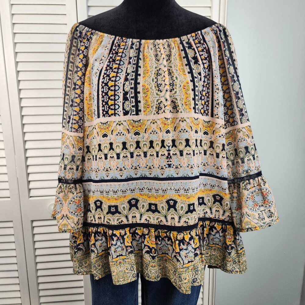Democracy Boho Off Shoulder Top L Bell Sleeve Flowy Semi Sheer Embroidered Trim - Picture 11 of 11